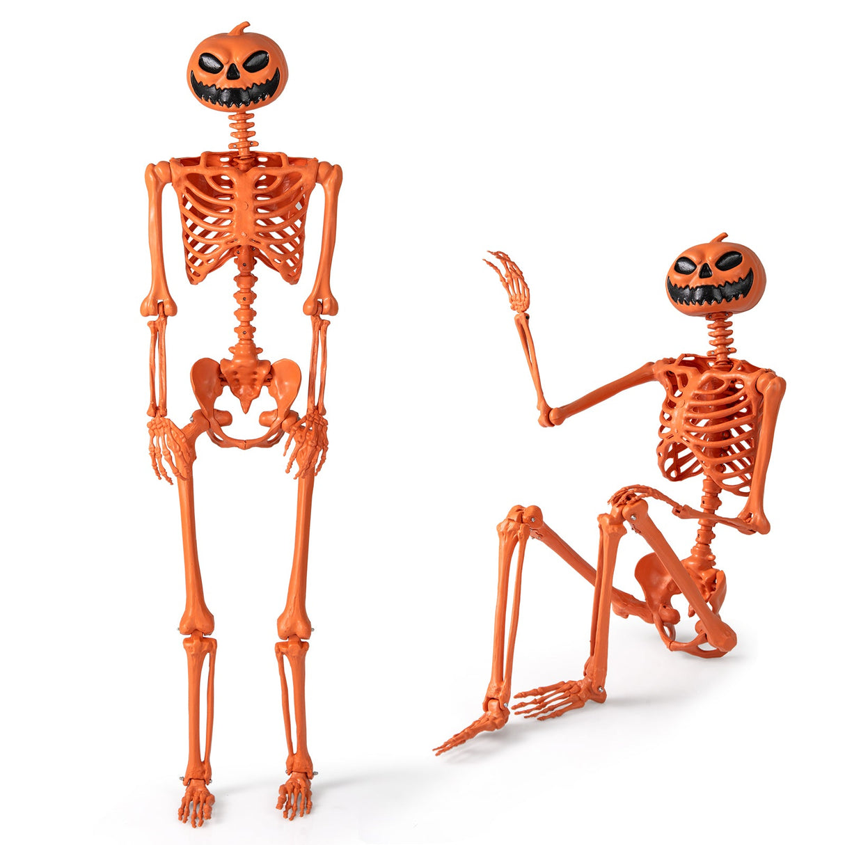 Esqueleto de Halloween Naranja de Tamaño Real de 1,58 m con Cabeza de Calabaza y Articulaciones Móviles