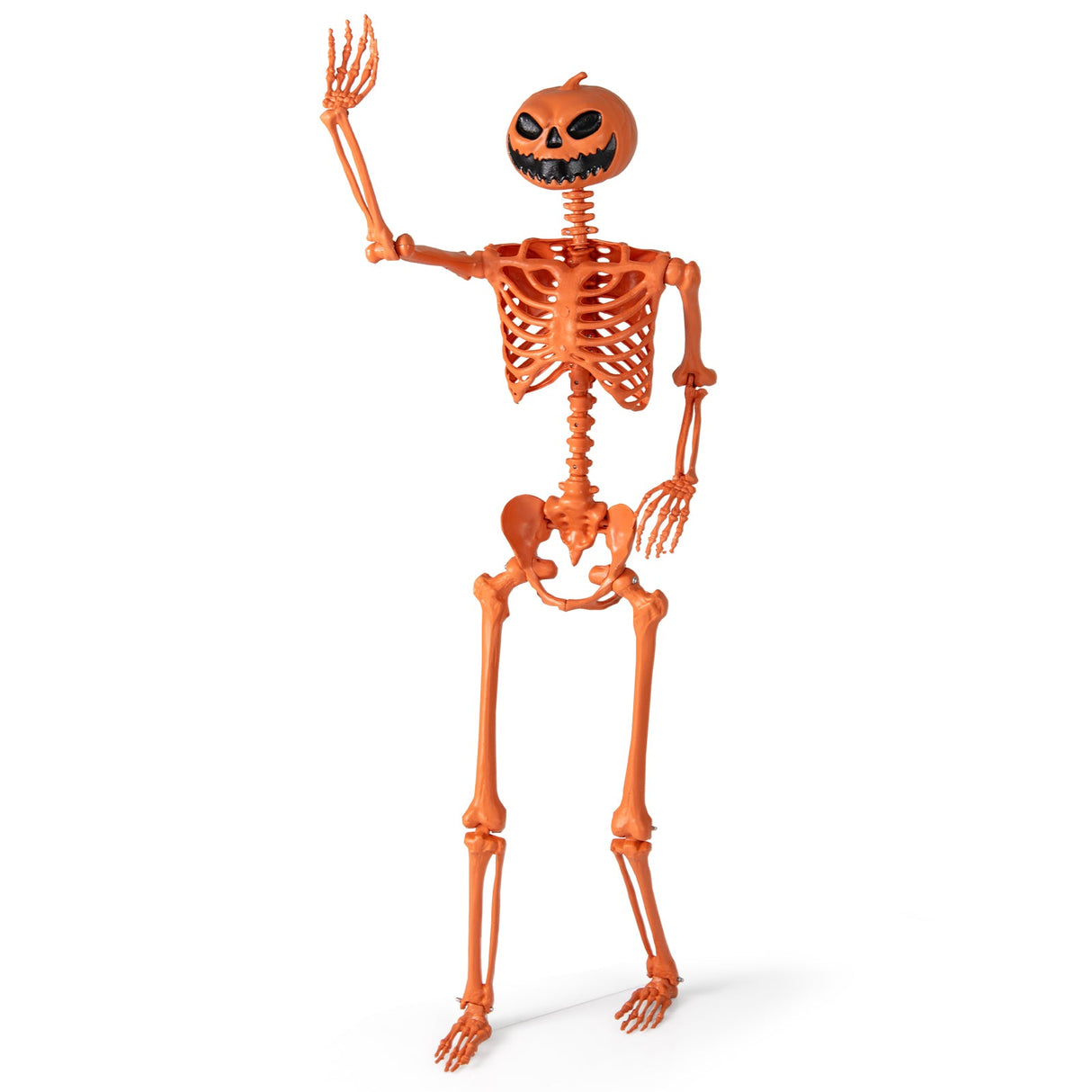 Esqueleto de Halloween Naranja de Tamaño Real de 1,58 m con Cabeza de Calabaza y Articulaciones Móviles