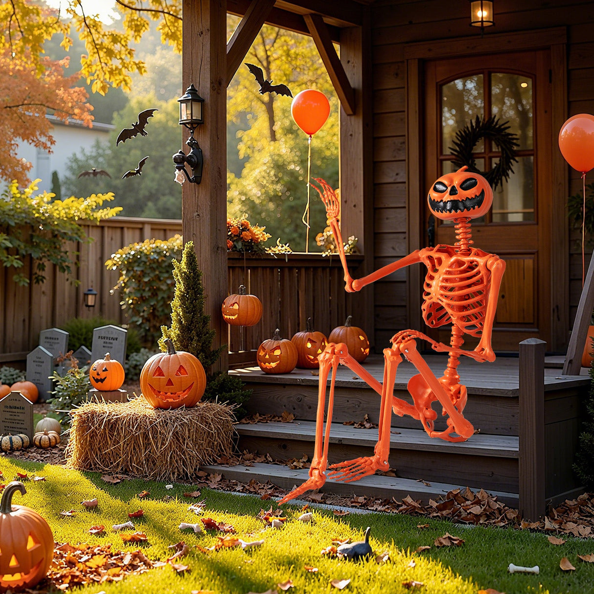 Esqueleto de Halloween Naranja de Tamaño Real de 1,58 m con Cabeza de Calabaza y Articulaciones Móviles