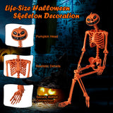Esqueleto de Halloween Naranja de Tamaño Real de 1,58 m con Cabeza de Calabaza y Articulaciones Móviles
