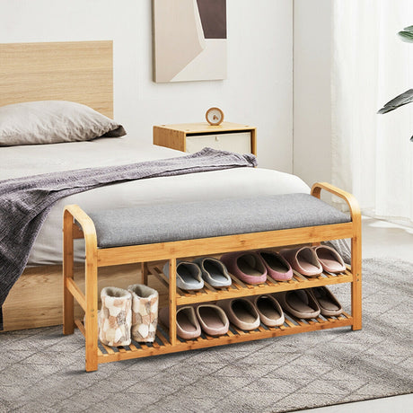 Banco Zapatero de Bambú de 3 Niveles con Cojín - Natural