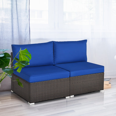 Juego de sofá de ratán para patio de 2 piezas sin reposabrazos con 2 cojines y 2 almohadas