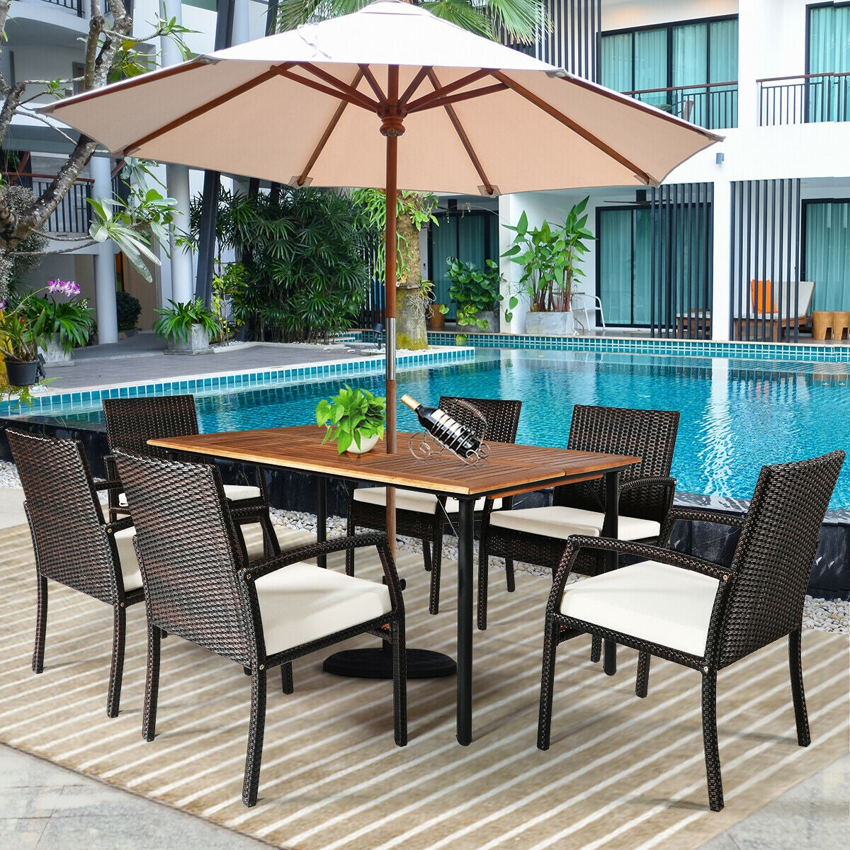 Juego de comedor de ratán acolchado de 7 piezas para patio con agujero para sombrilla