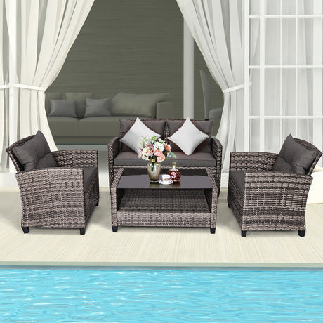 Juego de muebles de patio de ratán de 4 piezas con mesa de centro y sofá acolchado - Gris