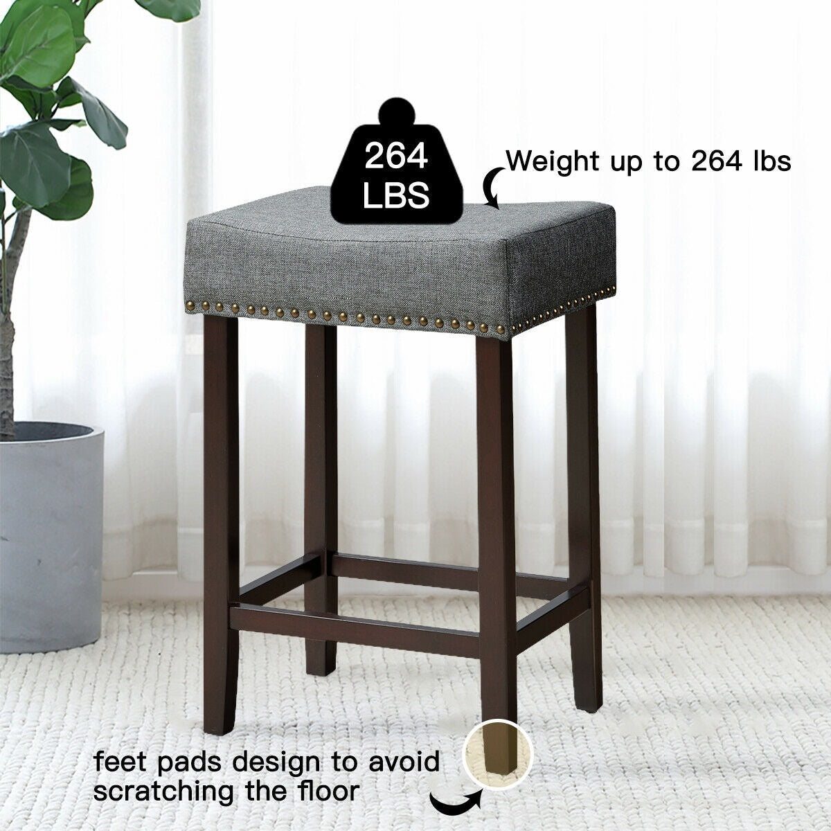 Juego de 2 taburetes de bar tipo silla de montar con cabezas de clavos, 61 cm de alto