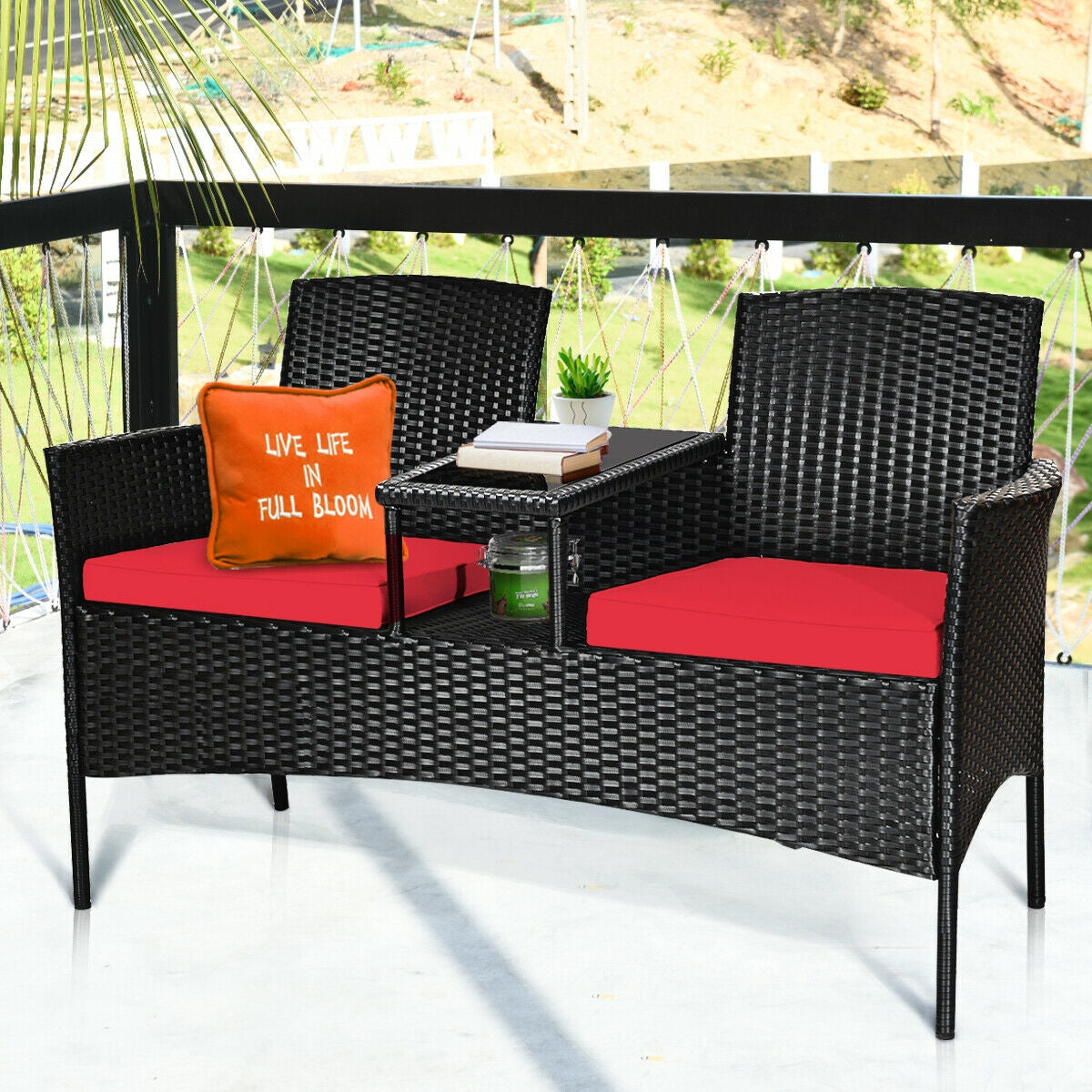 Juego de muebles de conversación para patio de mimbre con cojines extraíbles y mesa