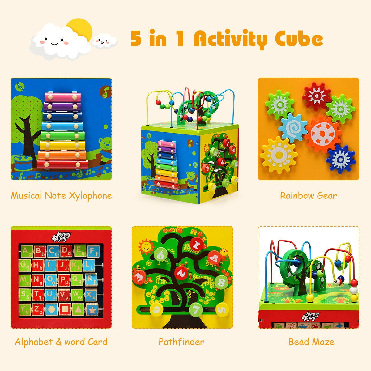 Cubo de actividades de madera 5 en 1