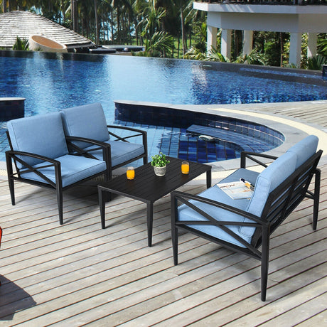 Juego de muebles de patio de 4 piezas con estructura de aluminio y sofá acolchado