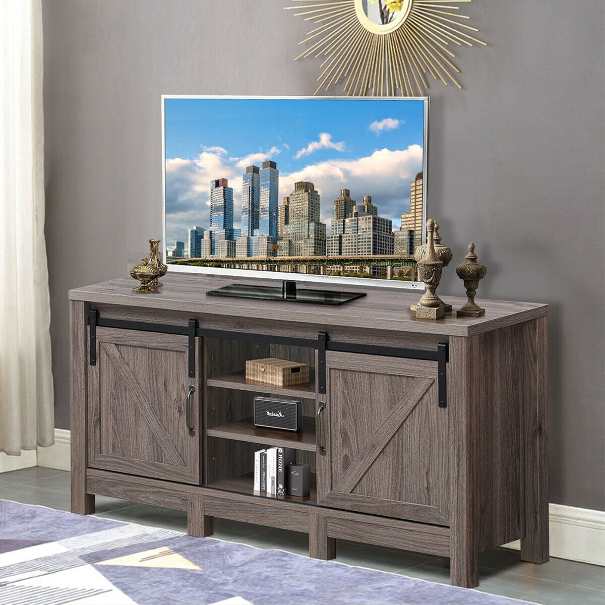 Mueble para TV de 55 pulgadas con puertas corredizas estilo granero y estantes ajustables