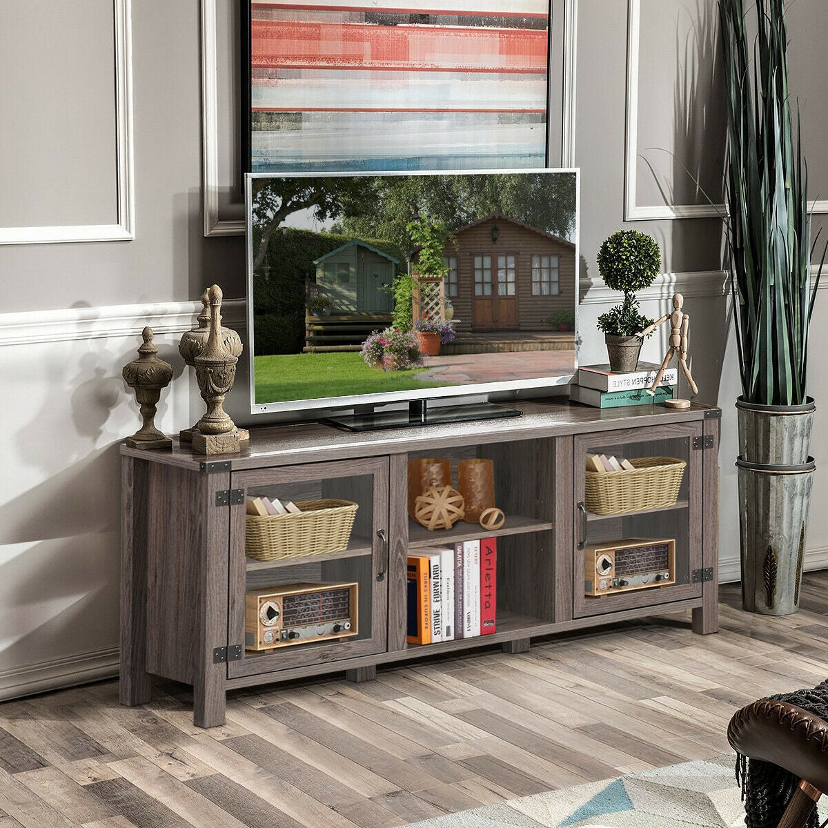 Mueble para TV y centro de entretenimiento para televisores de hasta 65 pulgadas con gabinetes de almacenamiento
