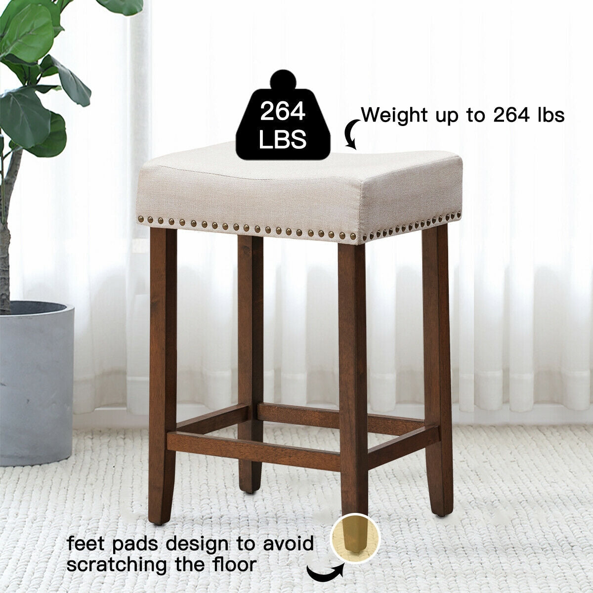 Juego de 2 taburetes de bar tipo silla de montar con cabezas de clavos, 61 cm de alto