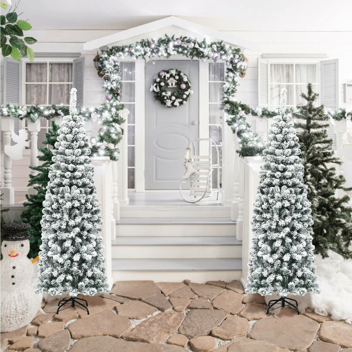Árbol de Navidad artificial tipo lápiz con bisagras sin luces y efecto nevado, de 1.83 m (6 pies) con 500 puntas de rama
