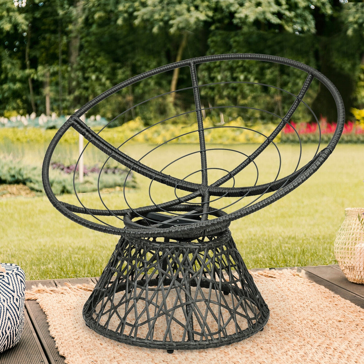 Sillón Papasan de Ratán Ergonómico Giratorio 360 Grados Cojín Suave para Jardín