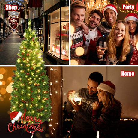 Árbol de Navidad estrecho preiluminado de 4.5 pies con bisagras, piñas, bayas rojas y 150 luces