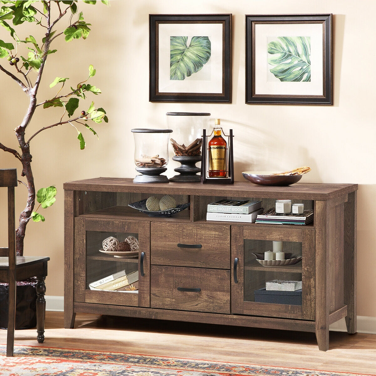 Mueble para TV retro de madera con cajones y puertas de cristal templado