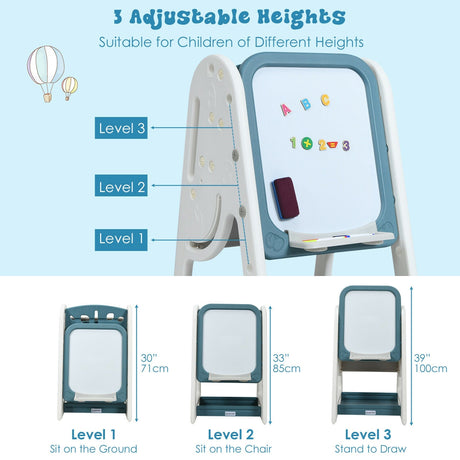 Juego de silla y caballete 2 en 1 para niños con estante para libros y tablero de arte ajustable