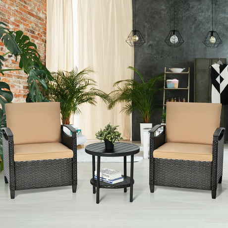 Juego de muebles de ratán para patio de 3 piezas, sofá acolchado, mesa de almacenamiento con estante para jardín