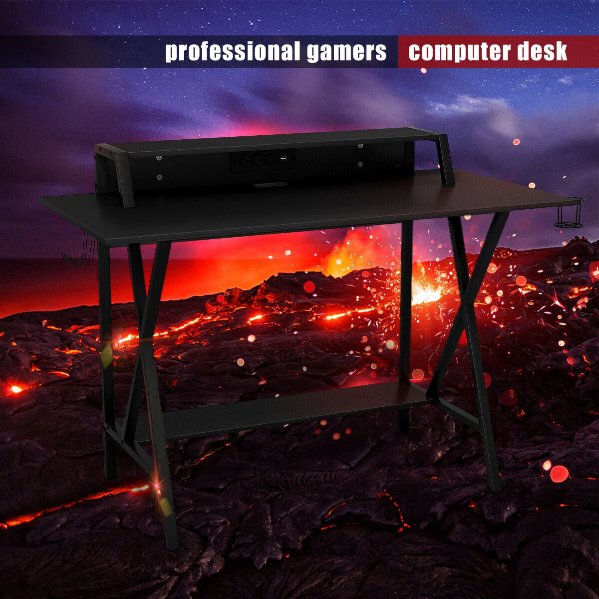 Escritorio gaming profesional todo en uno con soporte para vasos y auriculares