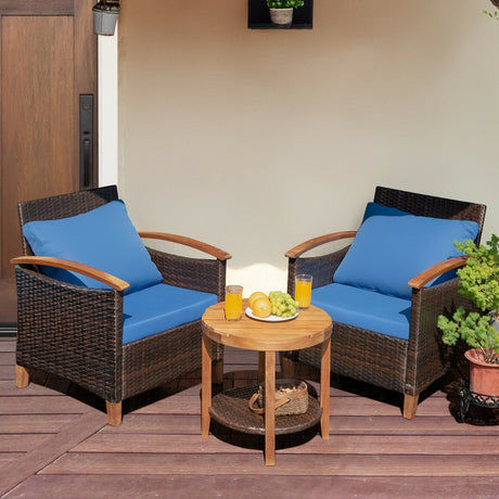 Juego de muebles de patio de ratán de 3 piezas con cojines lavables y tablero de mesa de madera de acacia