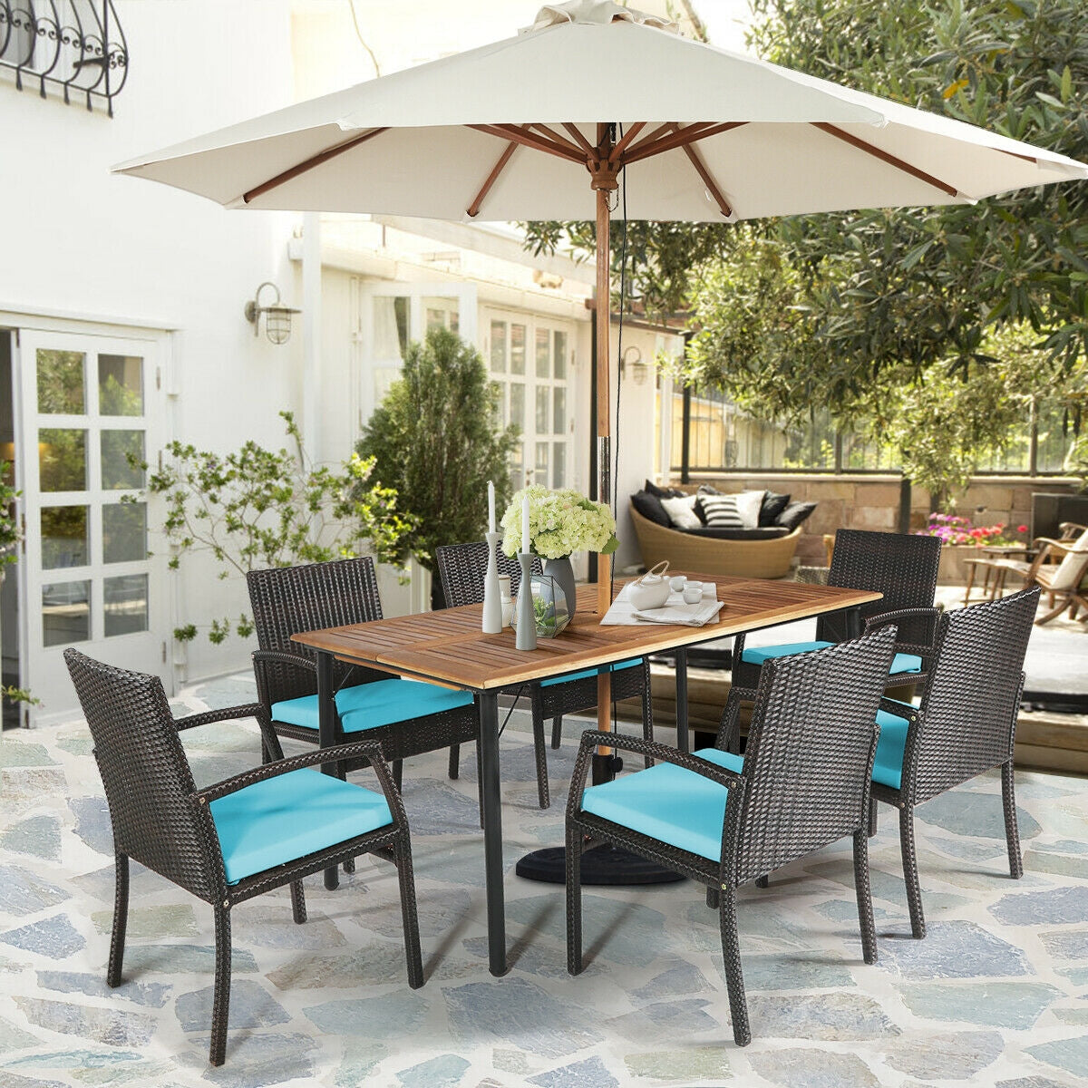 Juego de comedor de ratán acolchado de 7 piezas para patio con agujero para sombrilla