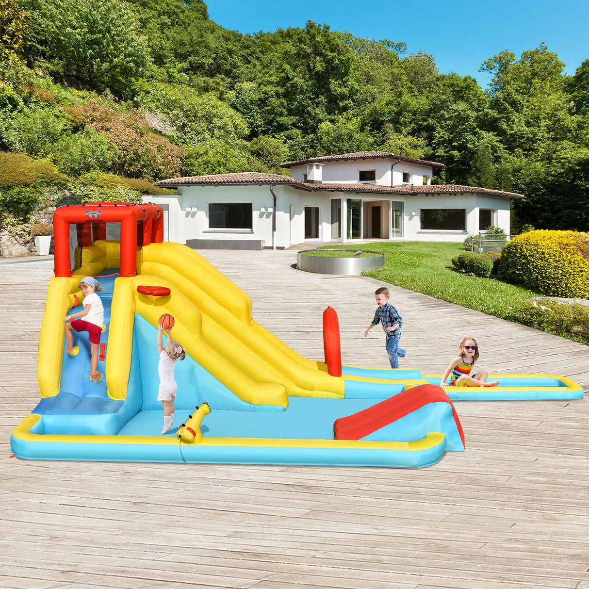 Parque Acuático Hinchable 7 en 1 con Toboganes Dobles y Casa de Rebotes sin Soplador