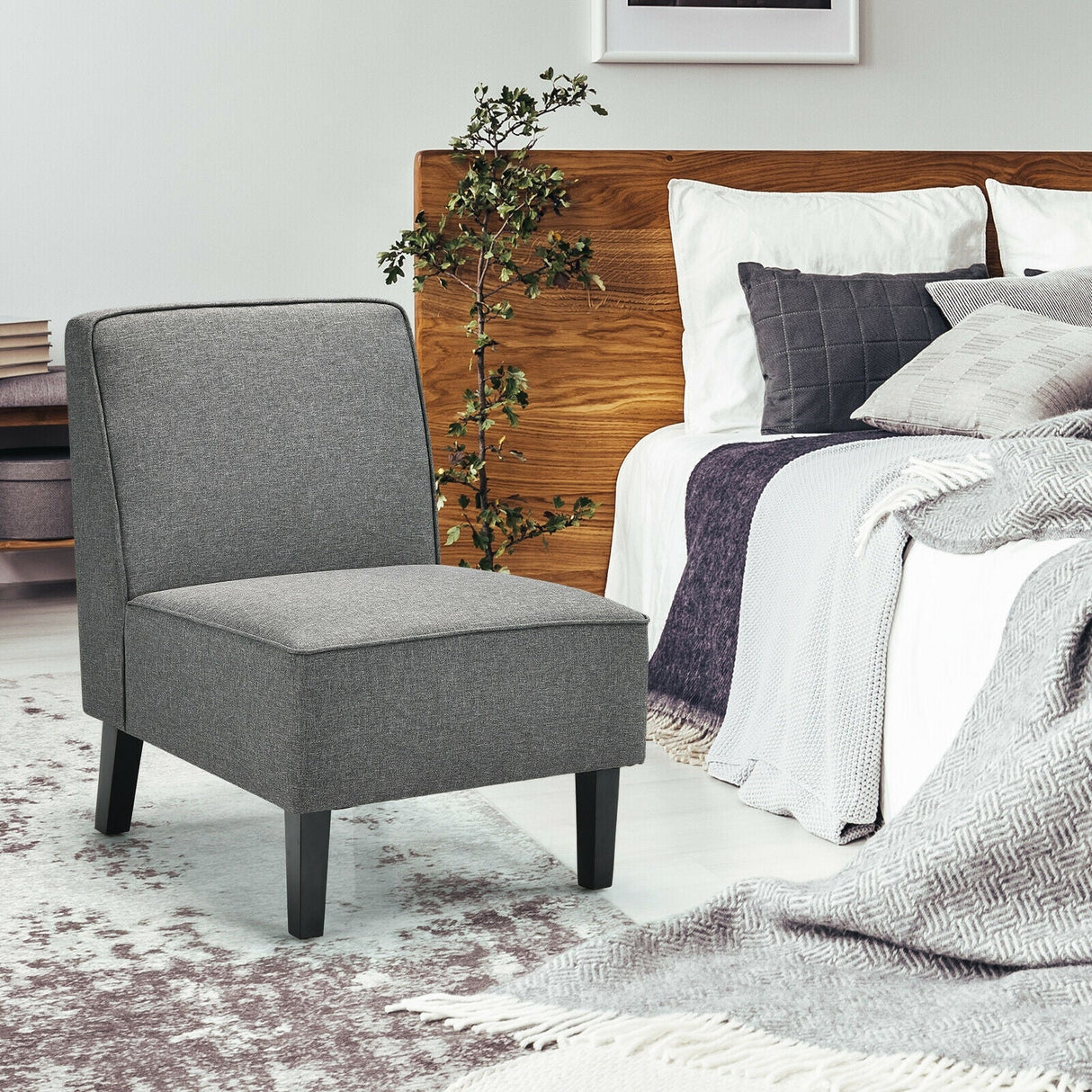 Sillón decorativo moderno sin brazos con patas de madera de caucho