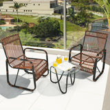Juego de Muebles de Patio de Ratán de 3 Piezas con 2 Sillas Individuales de Mimbre y Mesa Auxiliar de Cristal