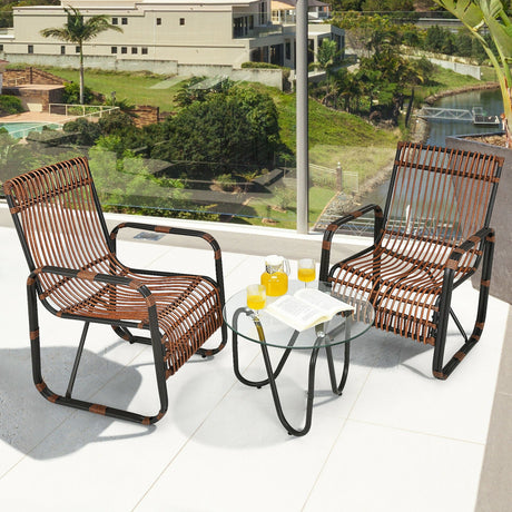 Juego de Muebles de Patio de Ratán de 3 Piezas con 2 Sillas Individuales de Mimbre y Mesa Auxiliar de Cristal
