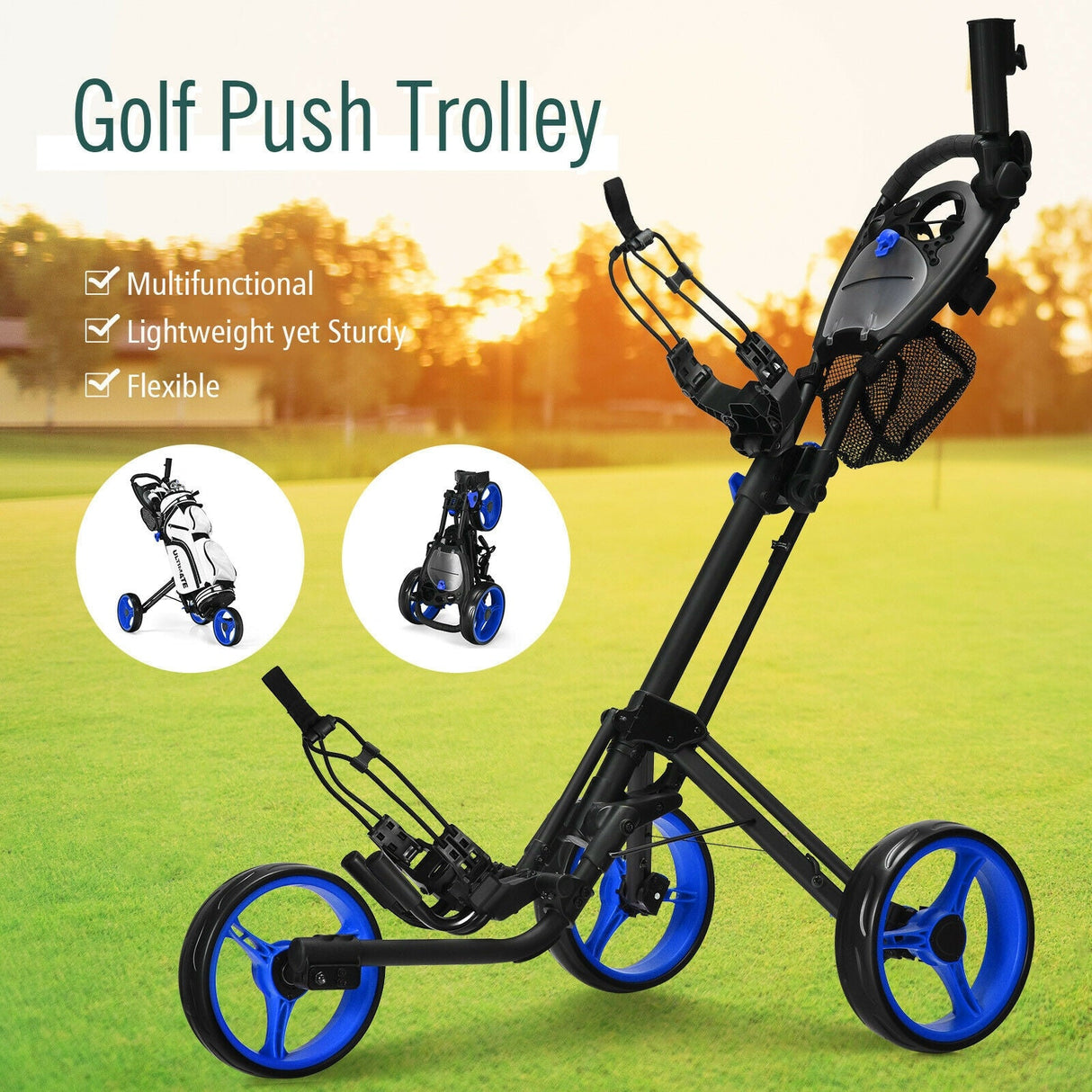Carro de golf plegable de 3 ruedas con freno, marcador y mango ajustable