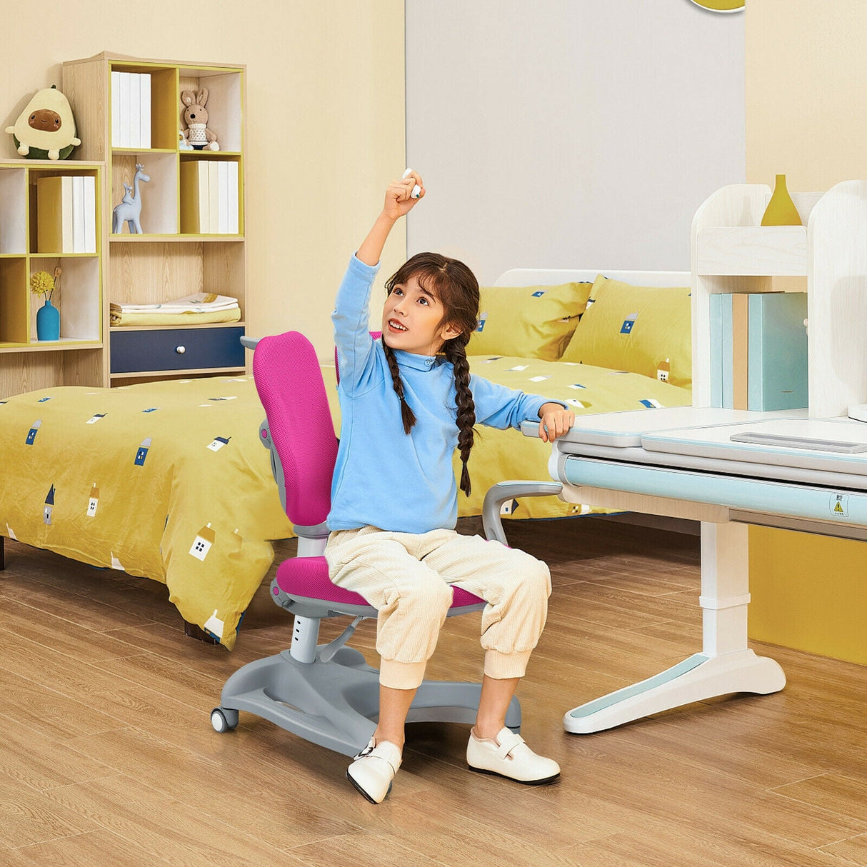 Silla estudiantil de altura regulable con ruedas con freno de asiento y soporte lumbar para el hogar y la escuela