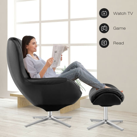 Sillón reclinable giratorio 360° de cuero con otomana y base de aleación de aluminio