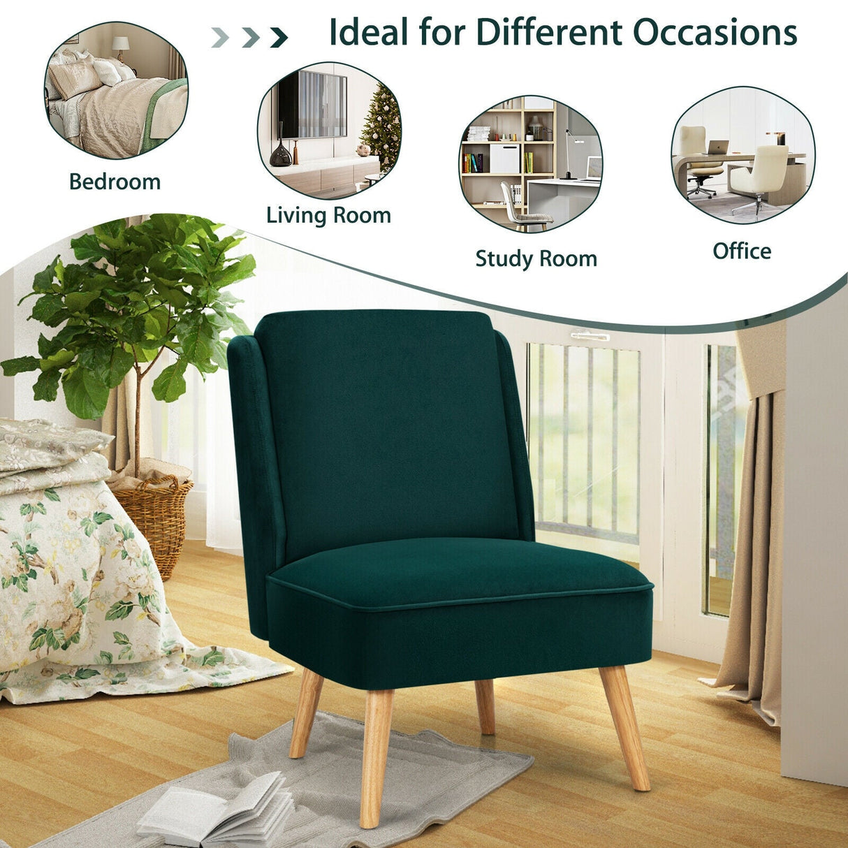 Sillón auxiliar sin brazos de terciopelo con patas de madera de caucho para dormitorio