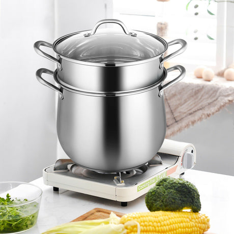 Olla Vaporera de 2 Niveles de Acero Inoxidable con Tapa de Vidrio Templado