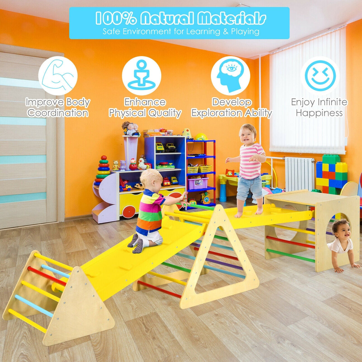 Set de gimnasio de juegos de escalada triangular 5 en 1 para niños con 2 rampas