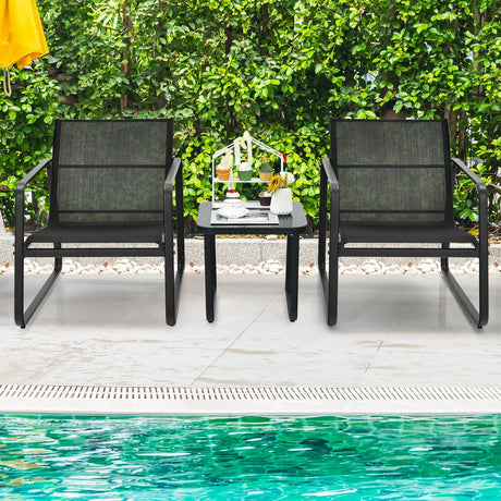 Juego de 3 Muebles de Bistró para Patio con Mesa de Vidrio Jardín Terraza-Negro