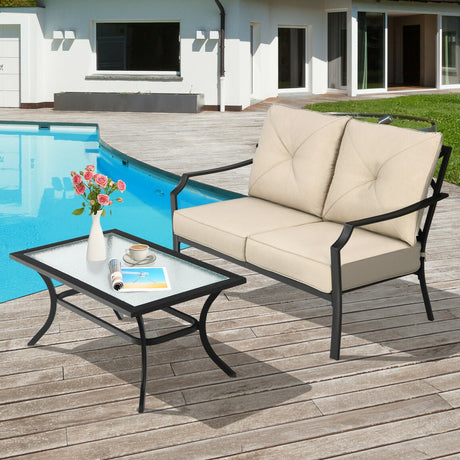 Sofá biplaza de jardín con cojines y mesa de centro - beige (2 piezas)
