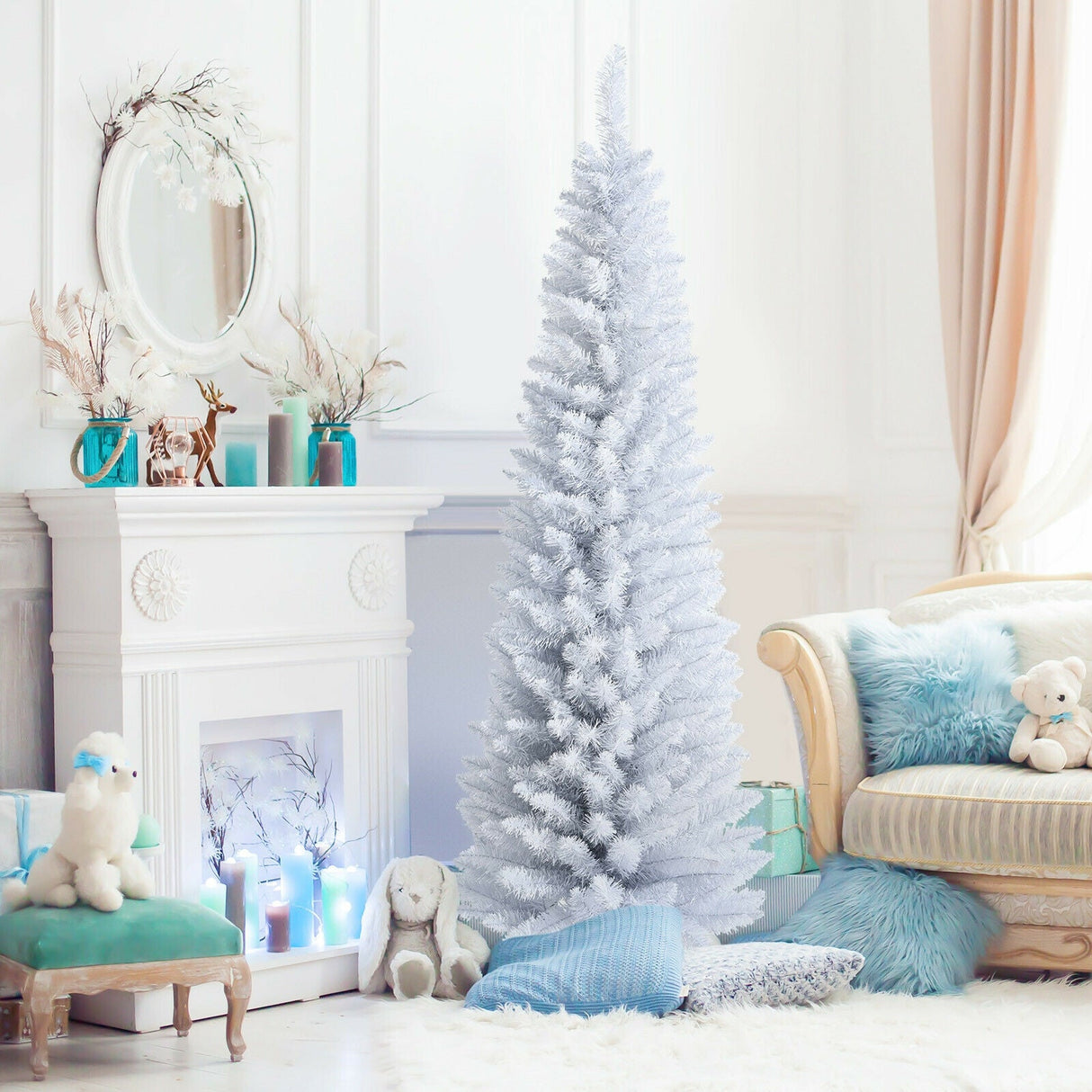 Árbol de Navidad artificial delgado tipo lápiz sin luces de 1,8 m con soporte metálico