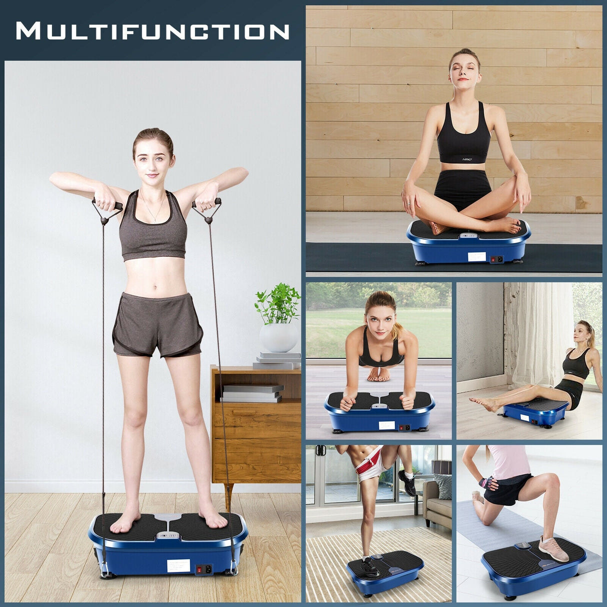 Máquina Mini Plataforma Vibratoria de Fitness con Control Remoto y Bandas de Resistencia - Azul