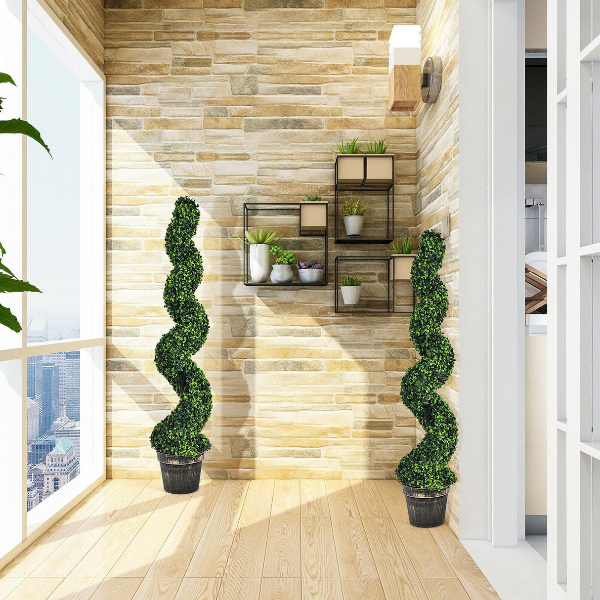 Paquete de 2 topiarios artificiales de boj en espiral de 4 pies para decoración interior y exterior