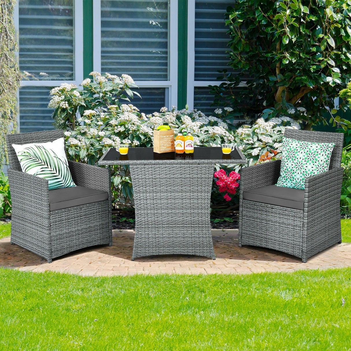 Juego de muebles de patio de ratán de 3 piezas con sofá de brazo acolchado
