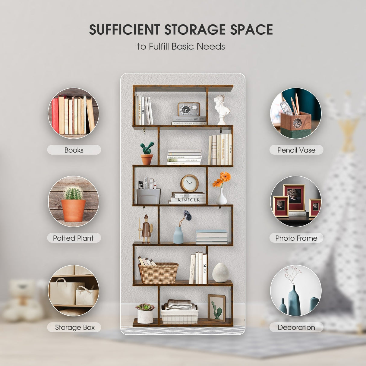 Estantería de Almacenamiento y Exhibición en Forma de S con 6 Niveles, Estantería Decorativa en Z