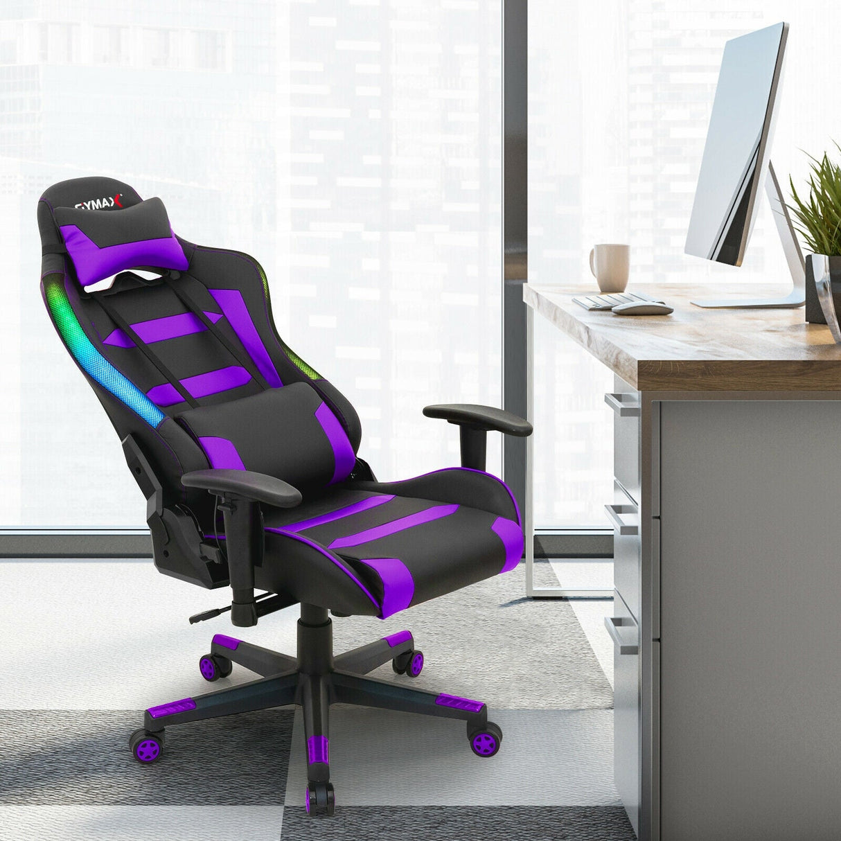Silla Gaming Giratoria Ajustable con Luces LED y Mando a Distancia
