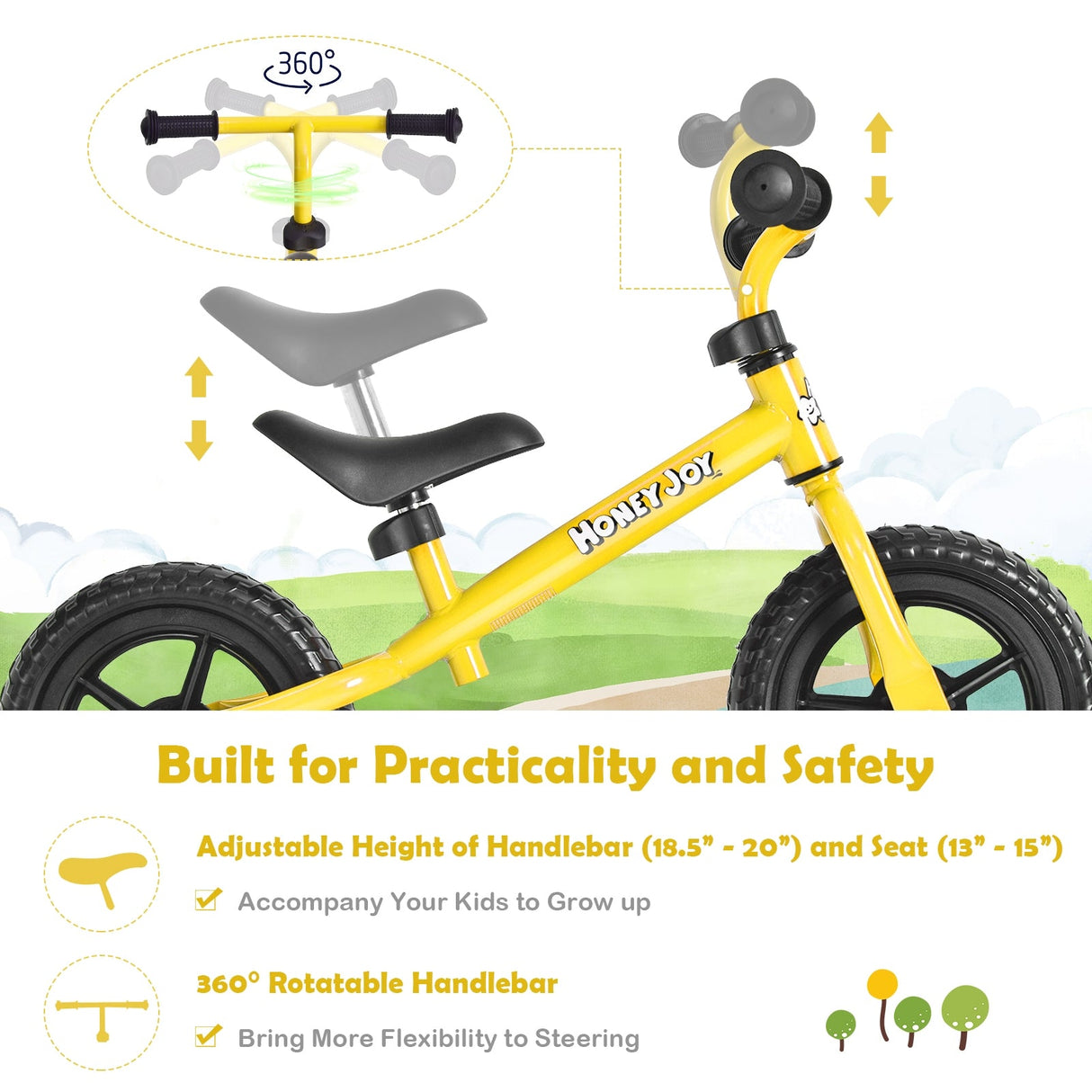 Bicicleta de equilibrio para niños sin pedales con manillar y asiento ajustables - Amarilla