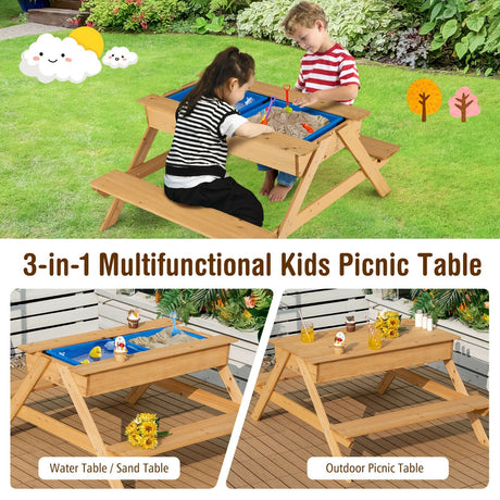 Mesa de pícnic de madera 3 en 1 para niños, mesa de arena y agua para exteriores con cajas de juego