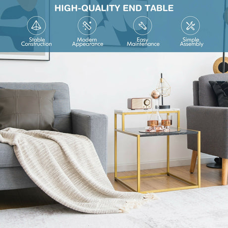 Mesa auxiliar de 2 niveles con estructura metálica y estante de almacenamiento para sala de estar-Blanco