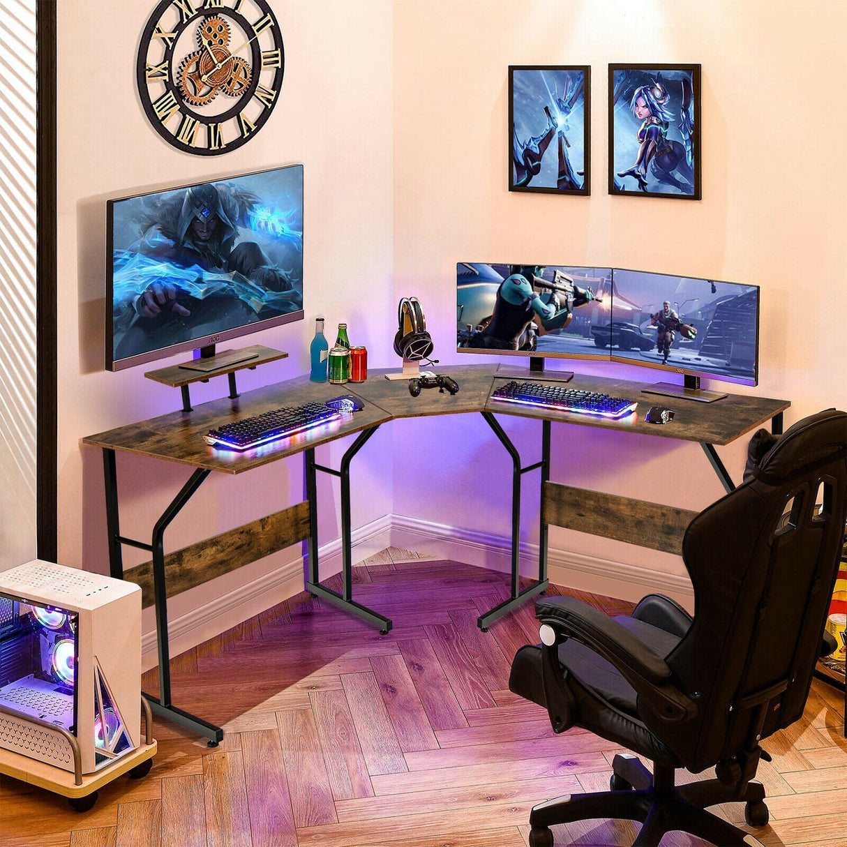 Mesa de escritorio para ordenador en forma de L reversible de 88,5 pulgadas con soporte para monitor