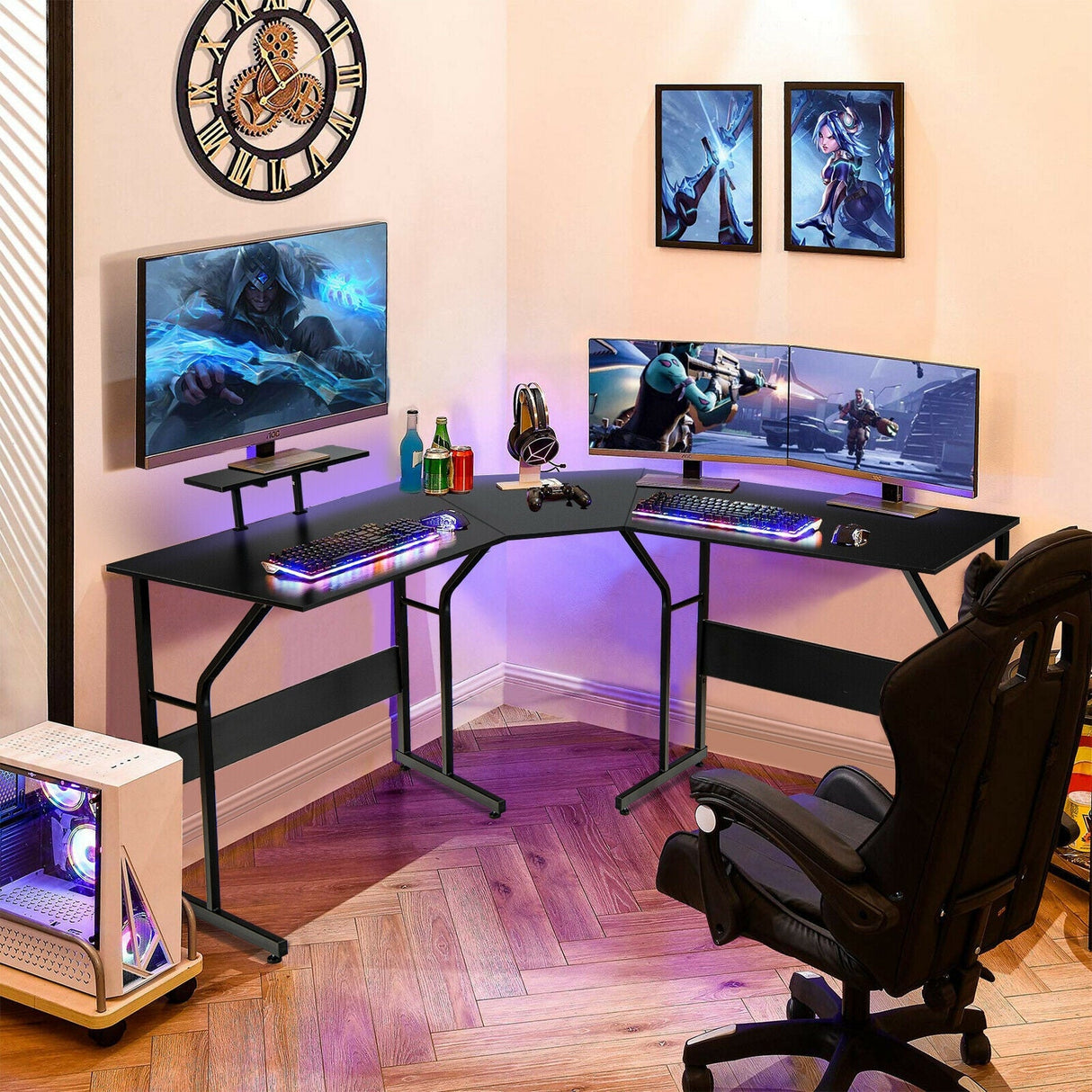 Mesa de escritorio para ordenador en forma de L reversible de 88,5 pulgadas con soporte para monitor