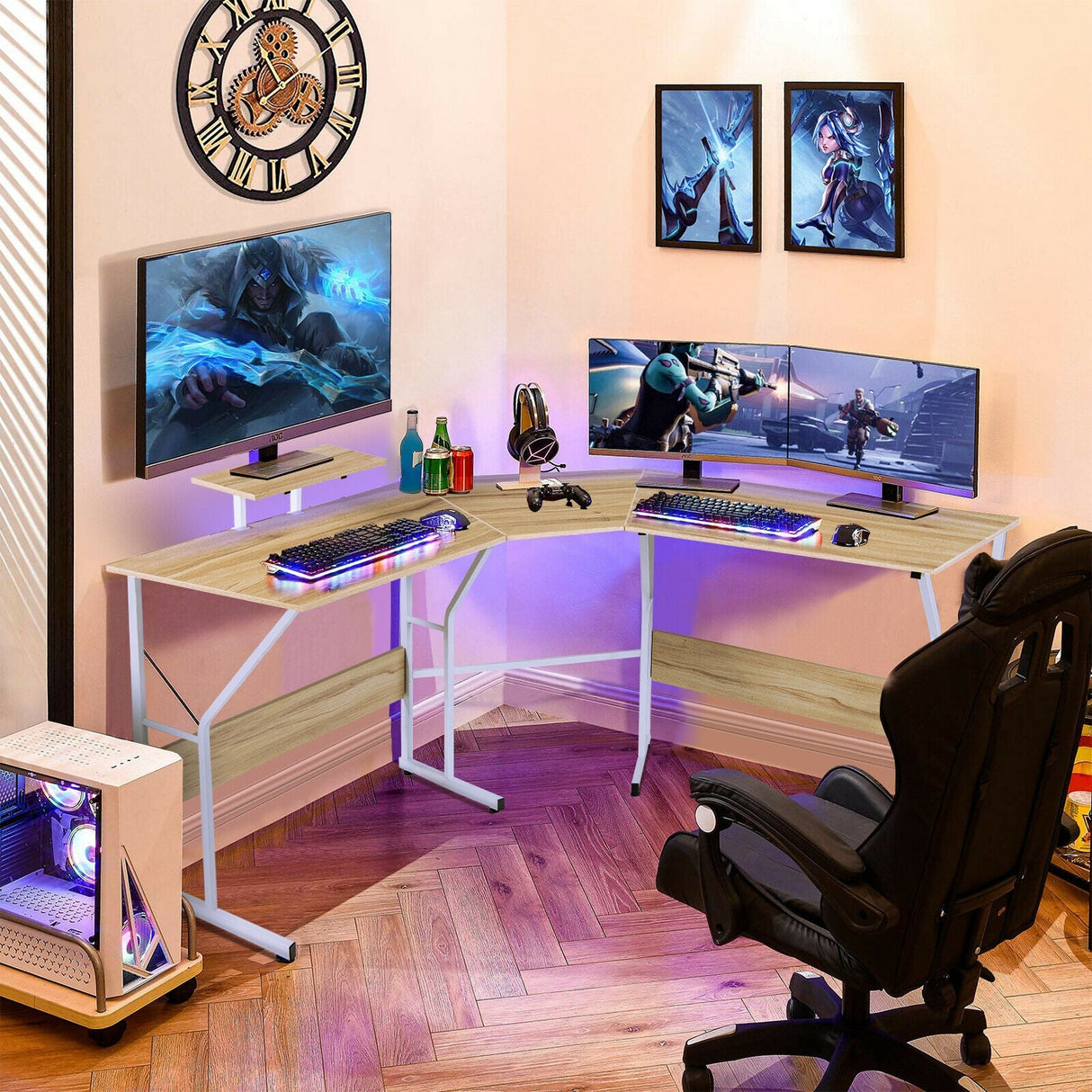 Mesa de escritorio para ordenador en forma de L reversible de 88,5 pulgadas con soporte para monitor