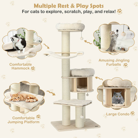 Árbol para gatos de madera de 4 niveles y 68.5 pulgadas, torre de actividades con postes de sisal - Natural