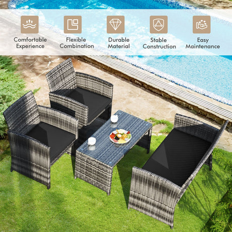 Juego de muebles de patio de ratán de 4 piezas con mesa de cristal y sofá de dos plazas - Gris